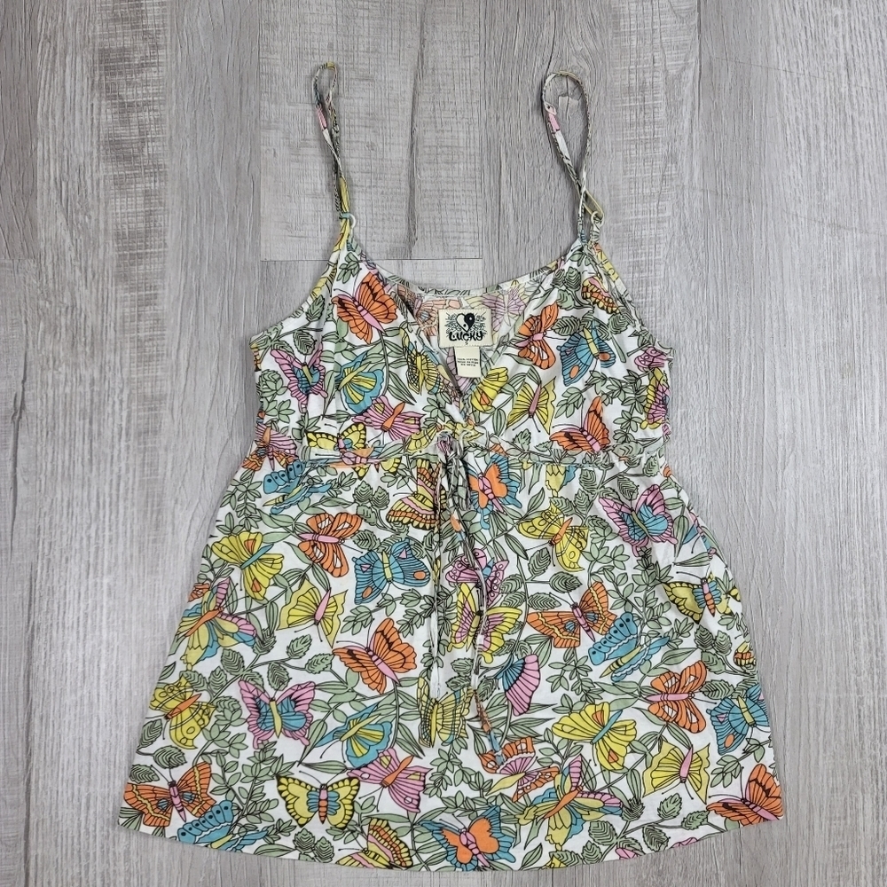 Lucky Brand Boho Floral Butterfly Spaghetti Strap Tank Top | Size S